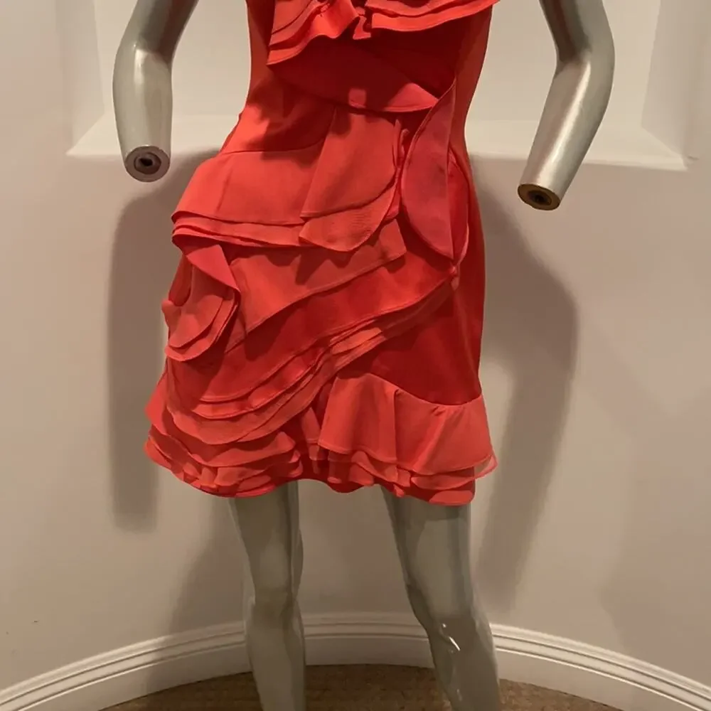 Bcbgmaxazria “ Jonesy” Coral One Shoulder Mini Ruffled Dress Size 4 BNWOT